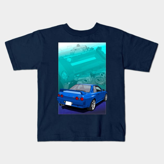 Nissan Skyline GTR R32 (with RB26 background) Kids T-Shirt by ArtyMotive